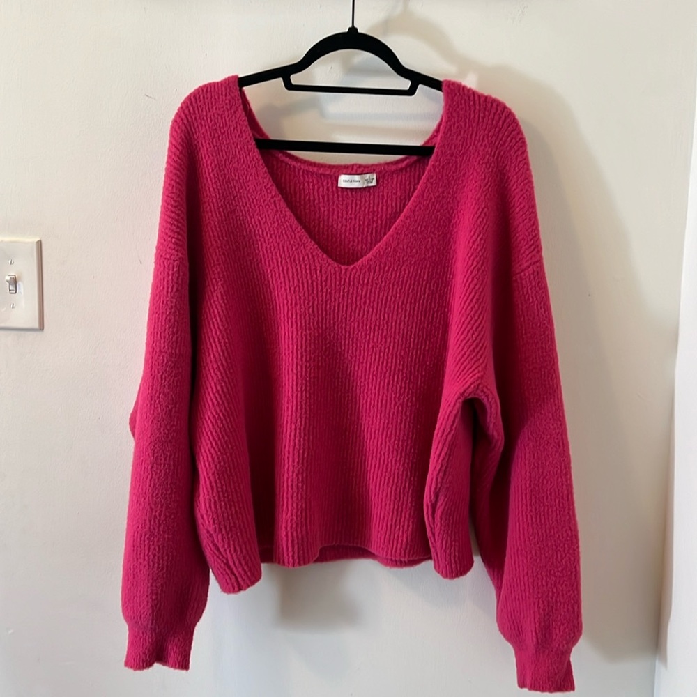 Hot pink deep V neck Sexy Cozy sweater
